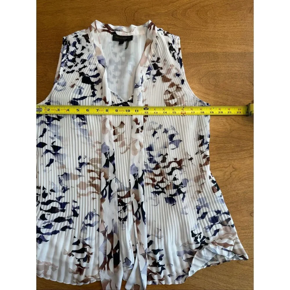 Donna Karan Women's Pleated Tie Neck Sleeveless Blouse Top White Tan Size Large - Picture 9 of 10